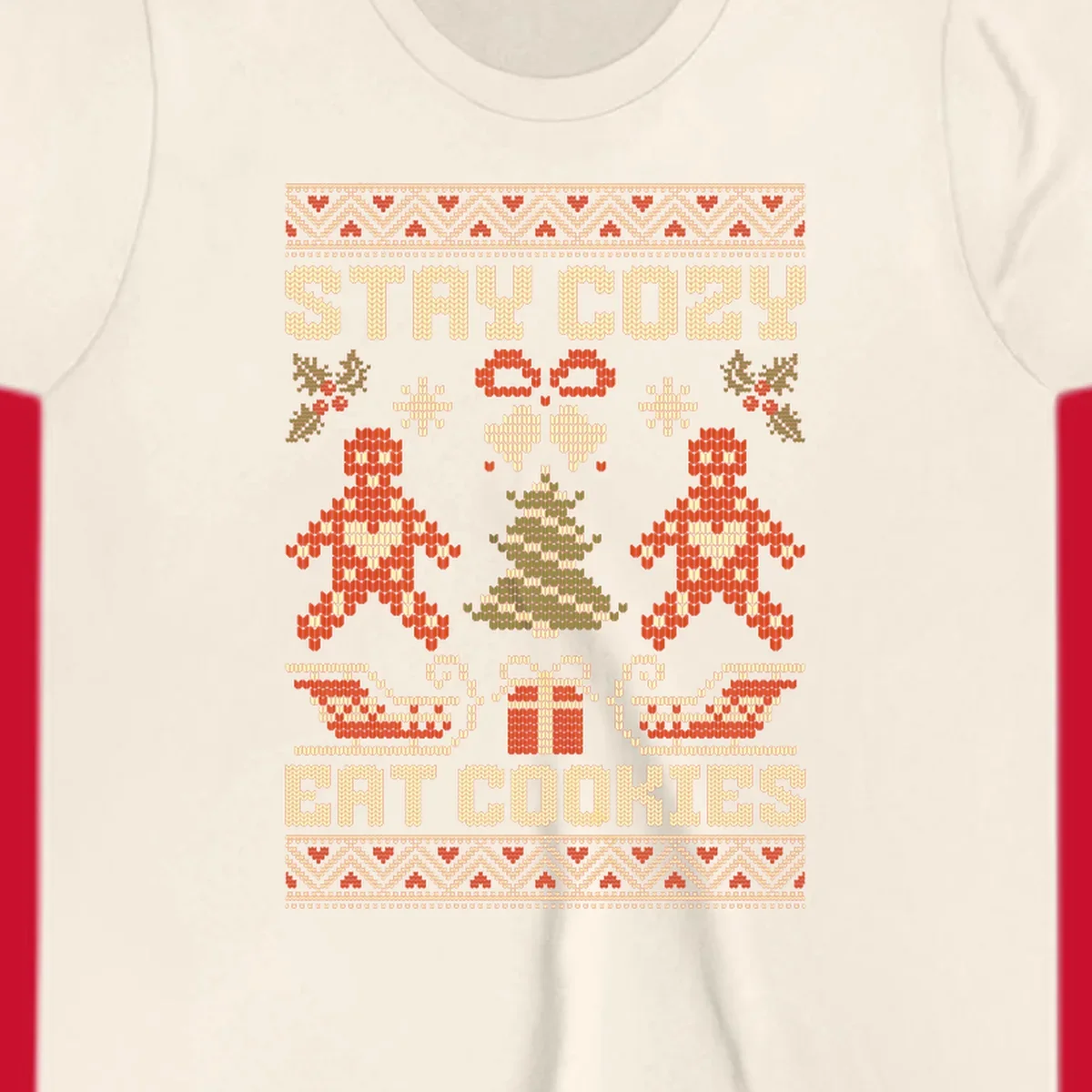 Ugly Christmas sweater design with text 'STAY COZY EAT COOKIES', gingerbread men, and festive holiday graphics.
