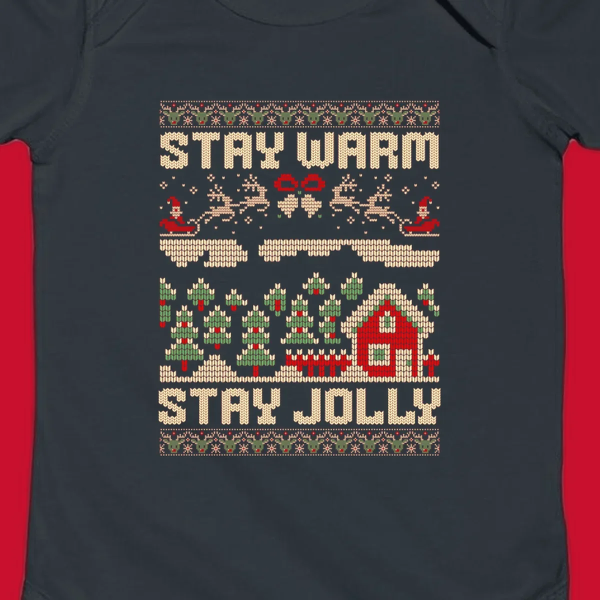 Ugly Christmas sweater style design with 'STAY WARM' and 'STAY JOLLY' text, Santa, reindeer, and trees.