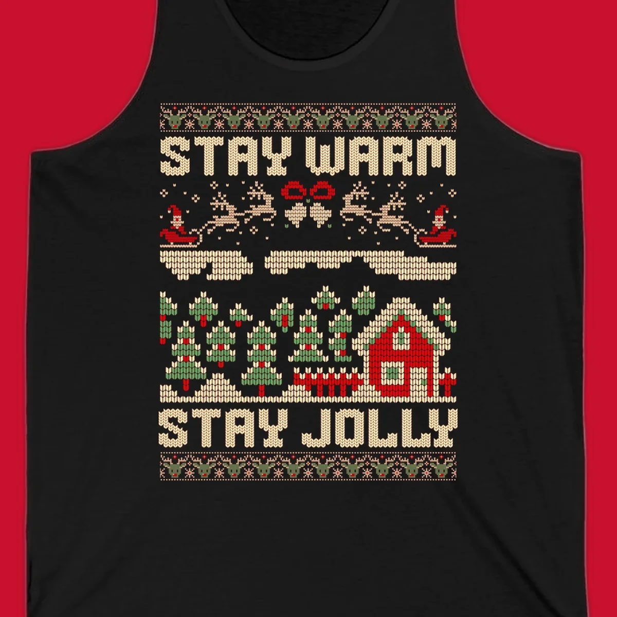 Ugly Christmas sweater style design with 'STAY WARM' and 'STAY JOLLY' text, Santa, reindeer, and trees.