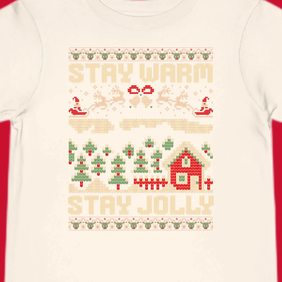 Ugly Christmas sweater style design with 'STAY WARM' and 'STAY JOLLY' text, Santa, reindeer, and trees.