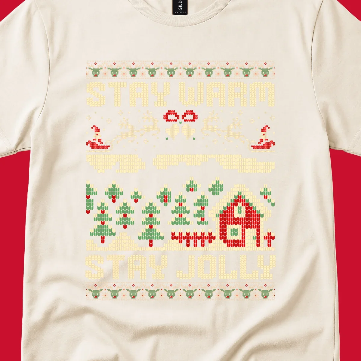 Ugly Christmas sweater style design with 'STAY WARM' and 'STAY JOLLY' text, Santa, reindeer, and trees.
