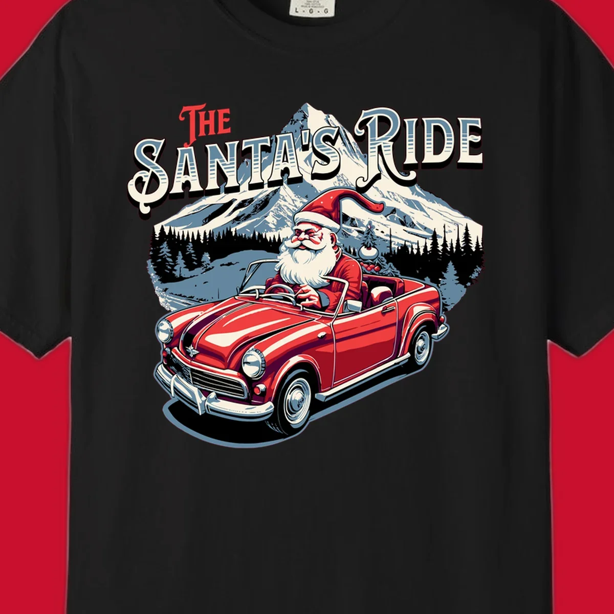Santa Claus driving a red convertible with snowy mountains behind, "The Santa's Ride" text.