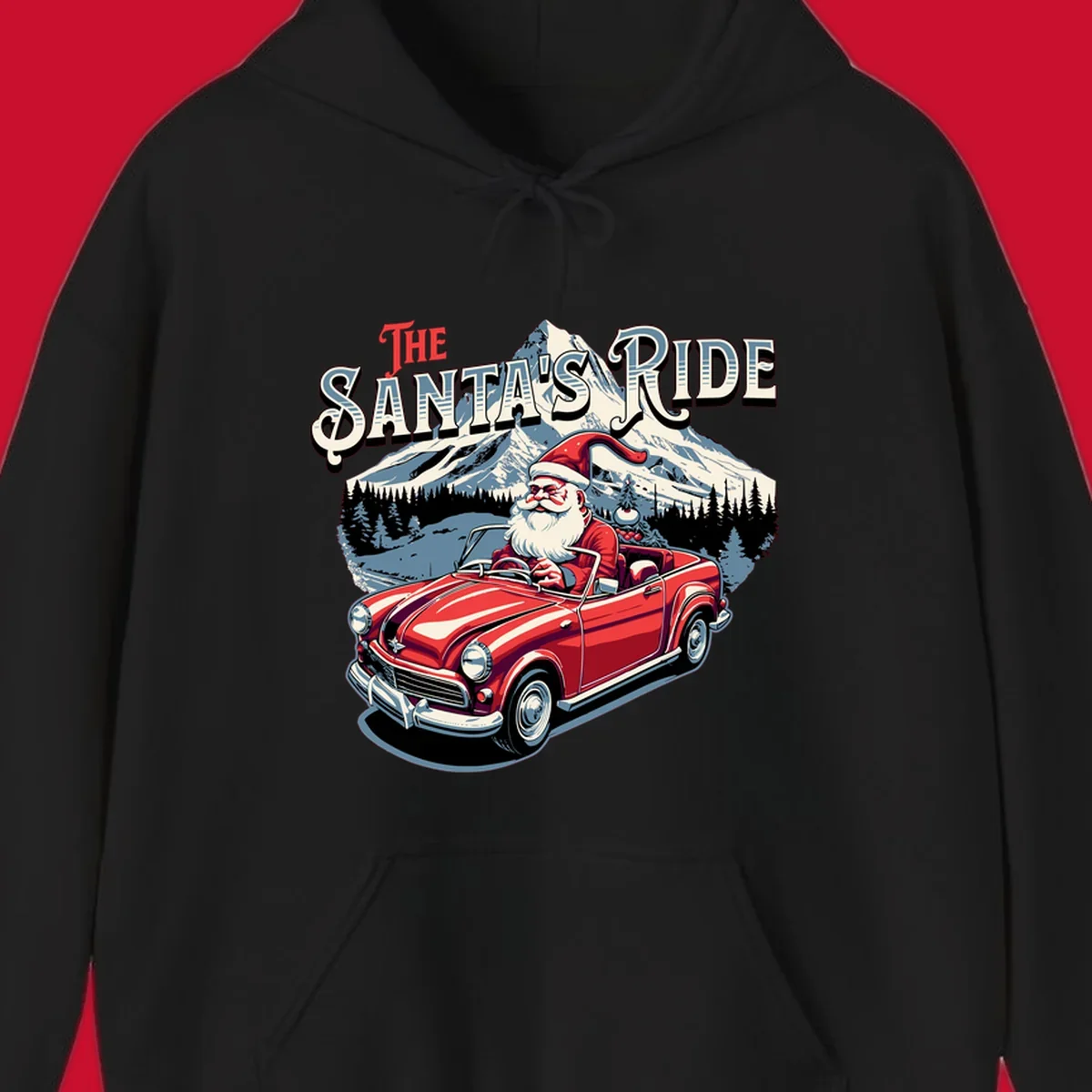 Santa Claus driving a red convertible with snowy mountains behind, "The Santa's Ride" text.