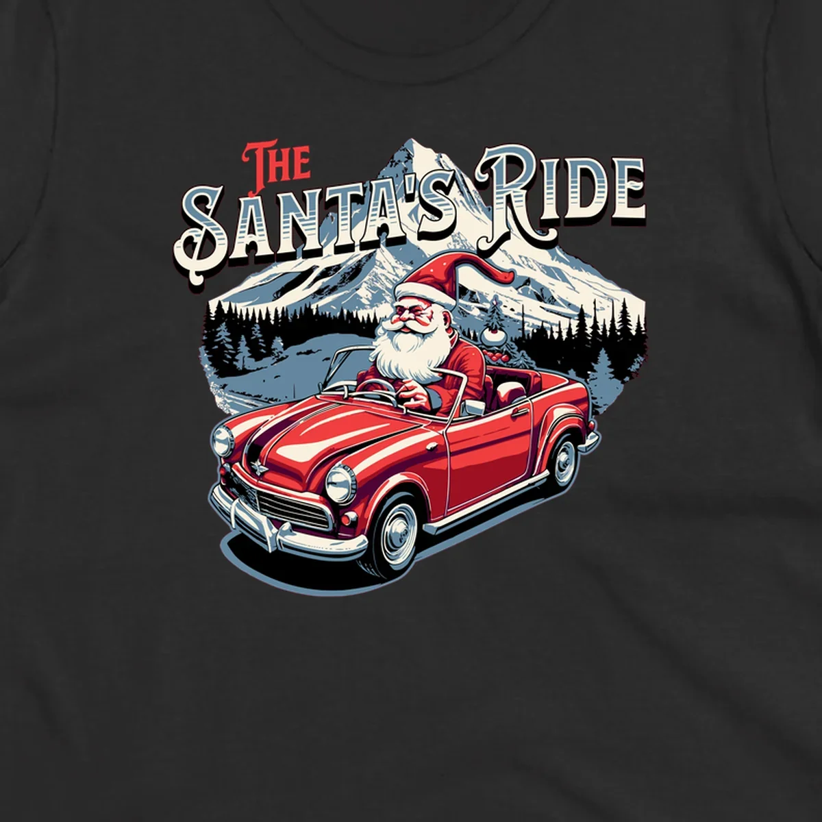Santa Claus driving a red convertible with snowy mountains behind, "The Santa's Ride" text.
