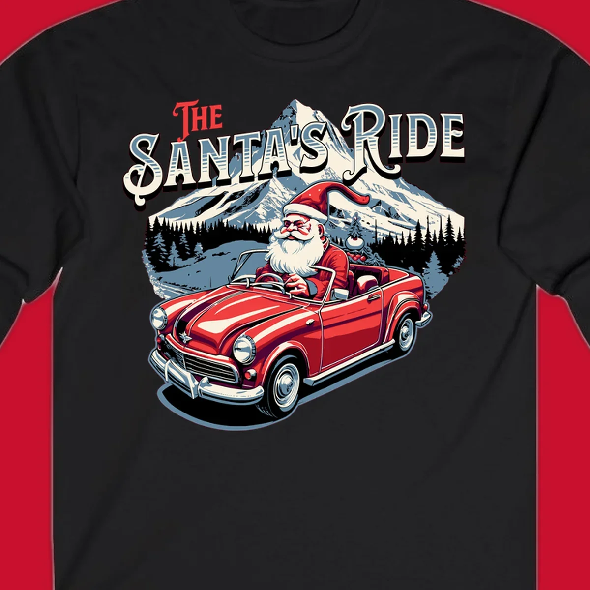 Santa Claus driving a red convertible with snowy mountains behind, "The Santa's Ride" text.