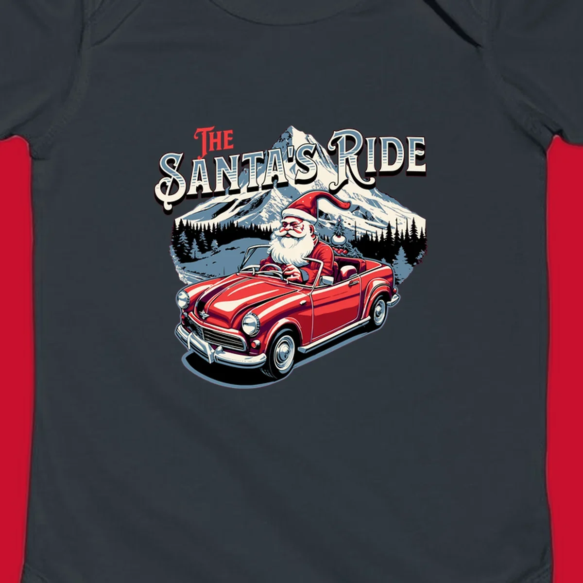 Santa Claus driving a red convertible with snowy mountains behind, "The Santa's Ride" text.