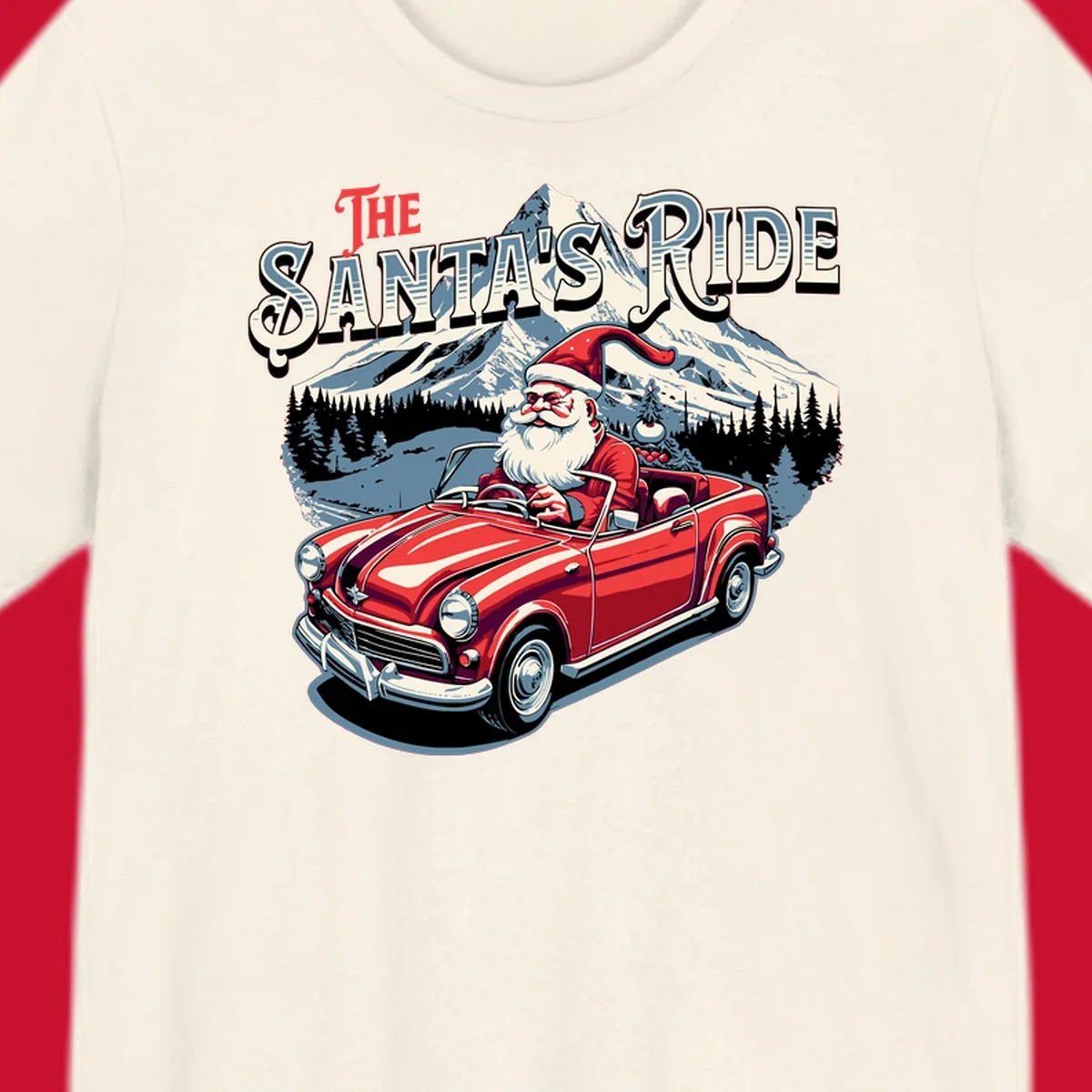 Santa Claus driving a red convertible with snowy mountains behind, "The Santa's Ride" text.