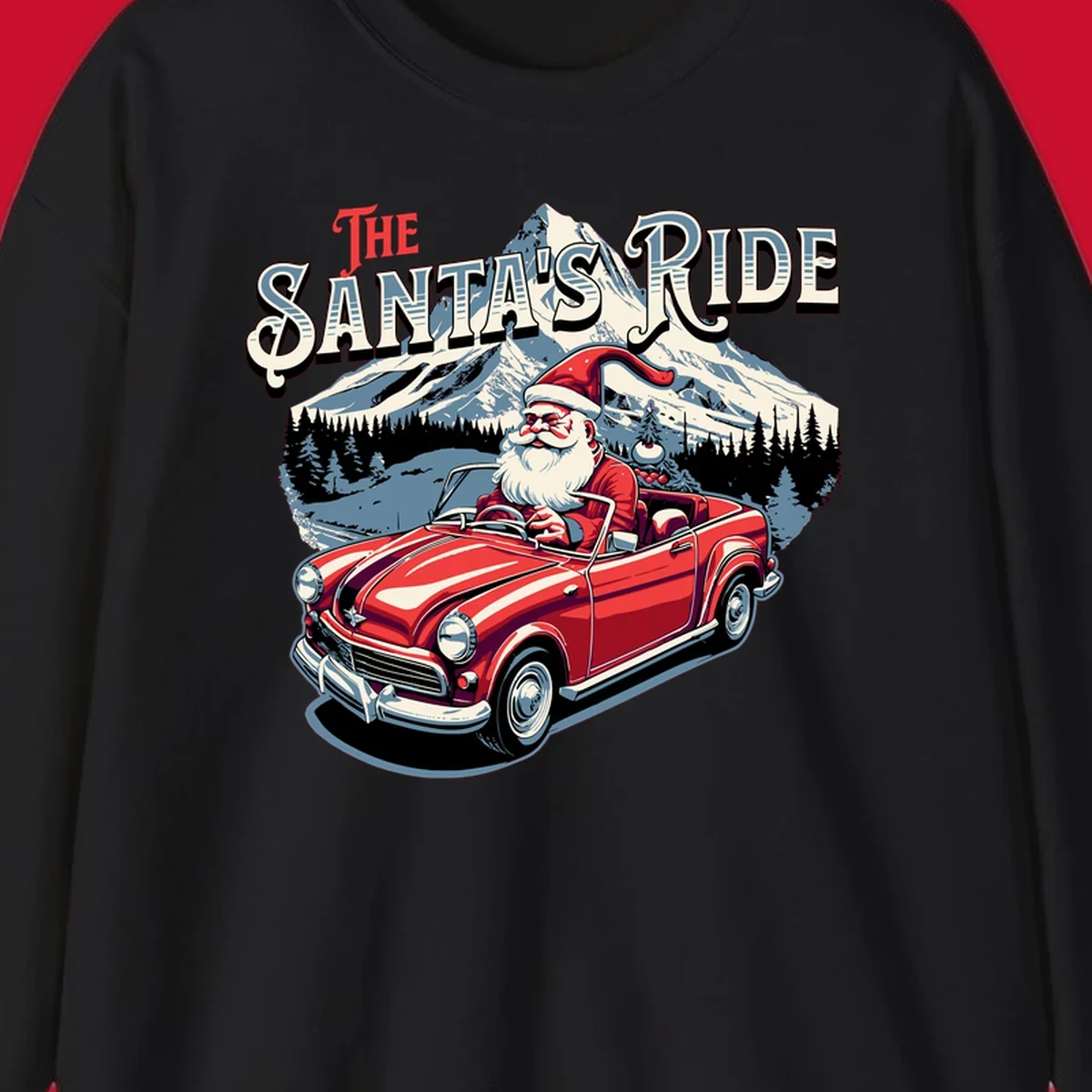 Santa Claus driving a red convertible with snowy mountains behind, "The Santa's Ride" text.