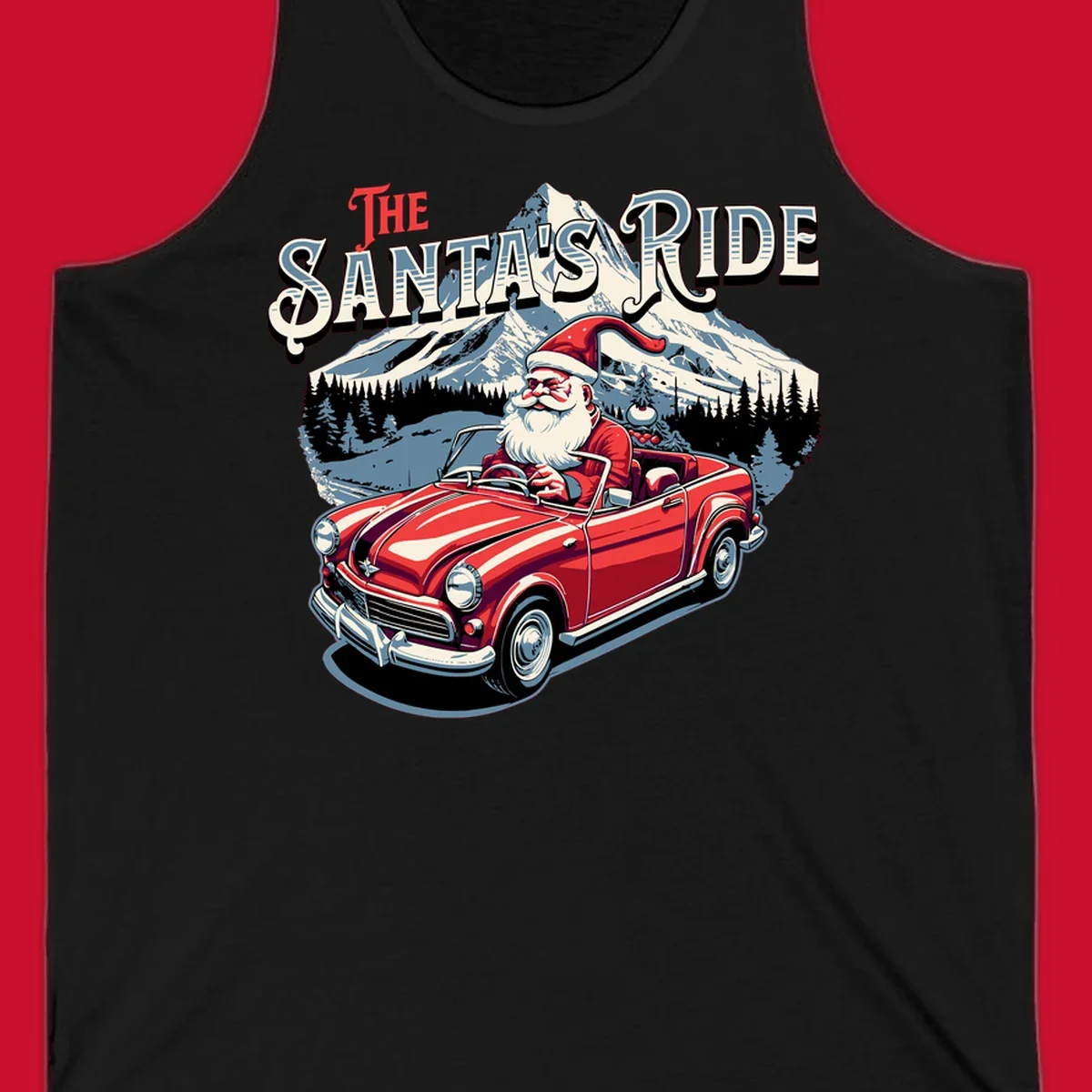 Santa Claus driving a red convertible with snowy mountains behind, "The Santa's Ride" text.