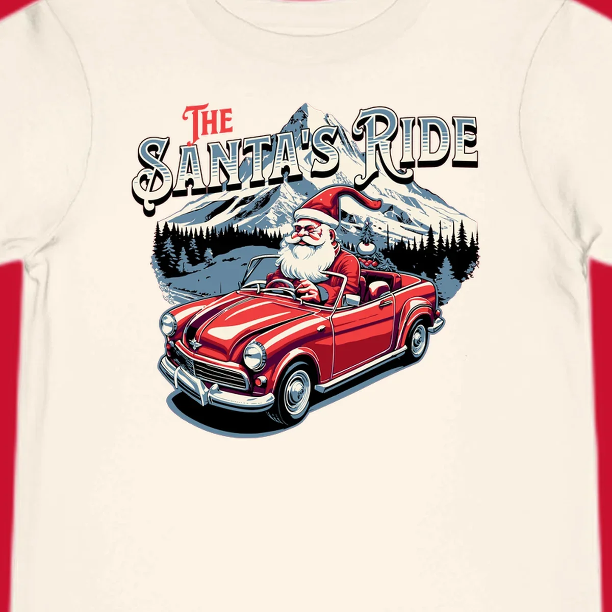 Santa Claus driving a red convertible with snowy mountains behind, "The Santa's Ride" text.