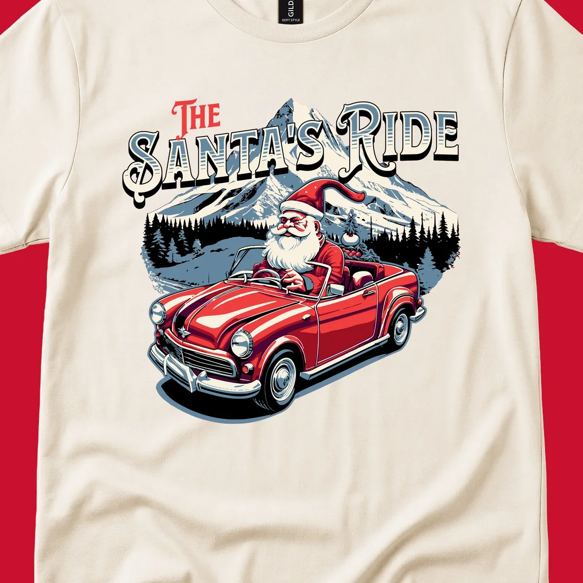 Santa Claus driving a red convertible with snowy mountains behind, "The Santa's Ride" text.
