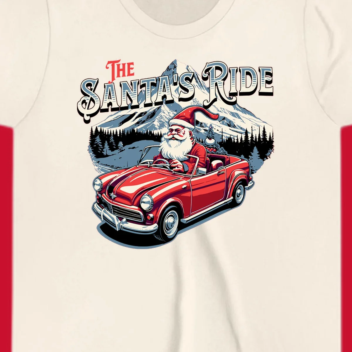 Santa Claus driving a red convertible with snowy mountains behind, "The Santa's Ride" text.