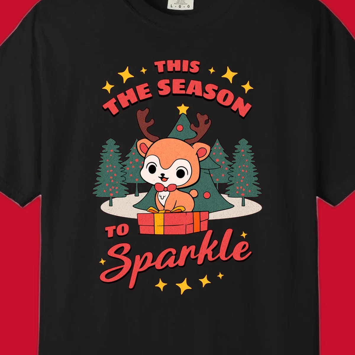 Illustration of a cute reindeer on a gift with text 'This Season To Sparkle', for a reindeer sparkle christmas design.