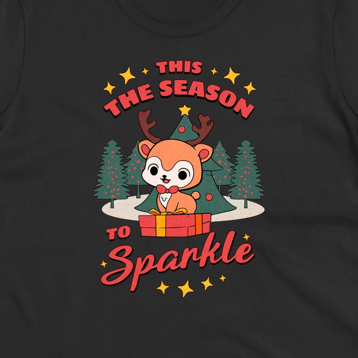 Illustration of a cute reindeer on a gift with text 'This Season To Sparkle', for a reindeer sparkle christmas design.