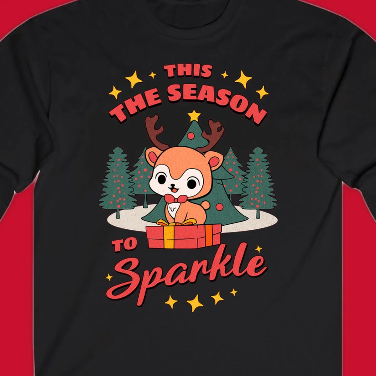 Illustration of a cute reindeer on a gift with text 'This Season To Sparkle', for a reindeer sparkle christmas design.
