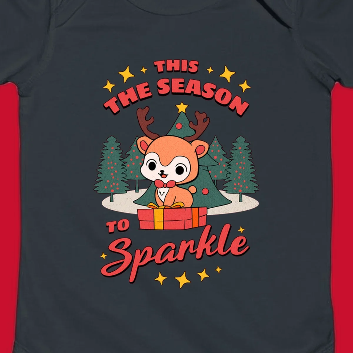 Illustration of a cute reindeer on a gift with text 'This Season To Sparkle', for a reindeer sparkle christmas design.