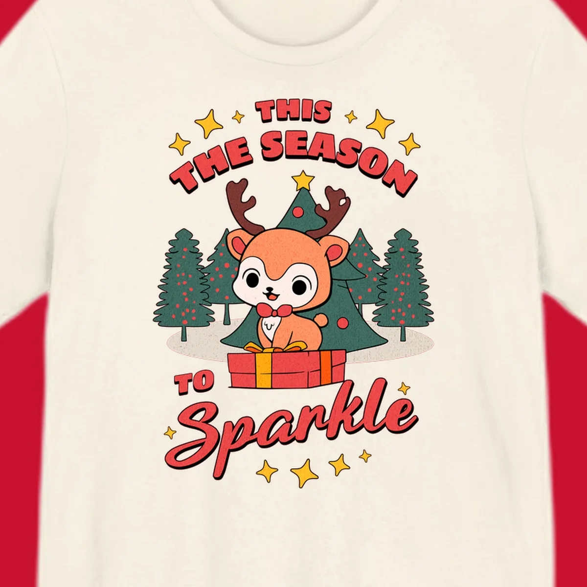 Illustration of a cute reindeer on a gift with text 'This Season To Sparkle', for a reindeer sparkle christmas design.