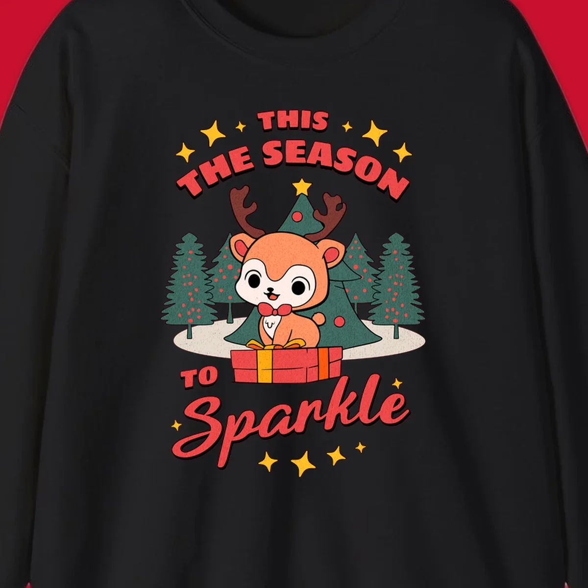 Illustration of a cute reindeer on a gift with text 'This Season To Sparkle', for a reindeer sparkle christmas design.