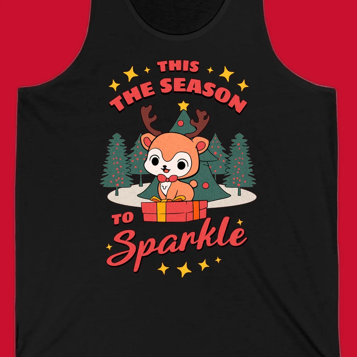 Illustration of a cute reindeer on a gift with text 'This Season To Sparkle', for a reindeer sparkle christmas design.