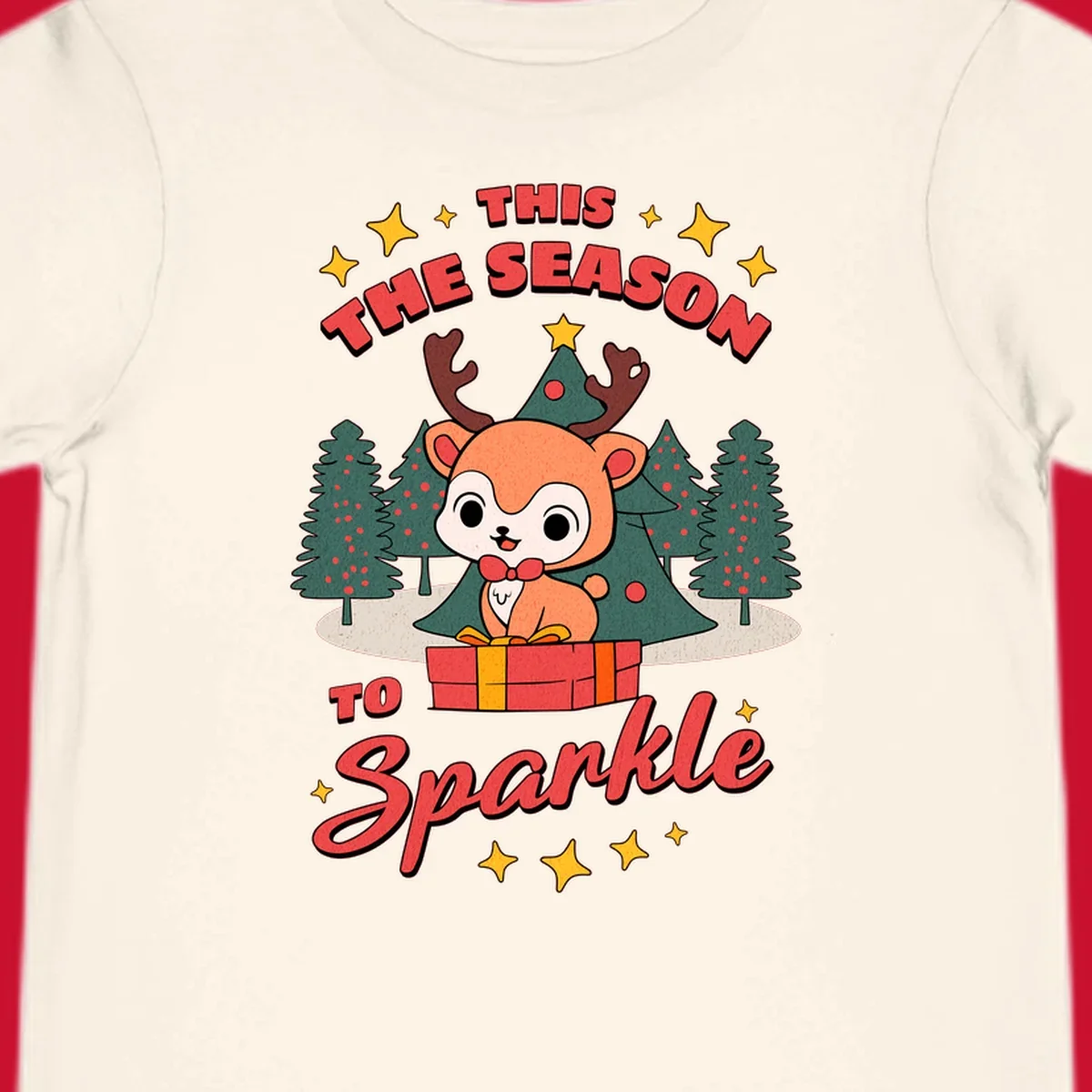 Illustration of a cute reindeer on a gift with text 'This Season To Sparkle', for a reindeer sparkle christmas design.
