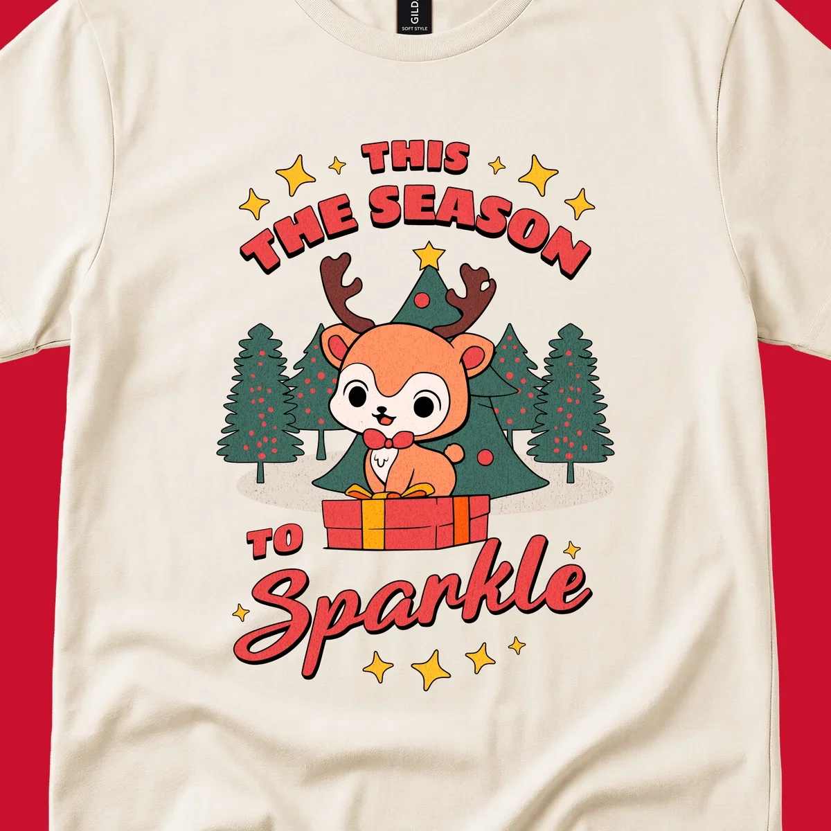 Illustration of a cute reindeer on a gift with text 'This Season To Sparkle', for a reindeer sparkle christmas design.