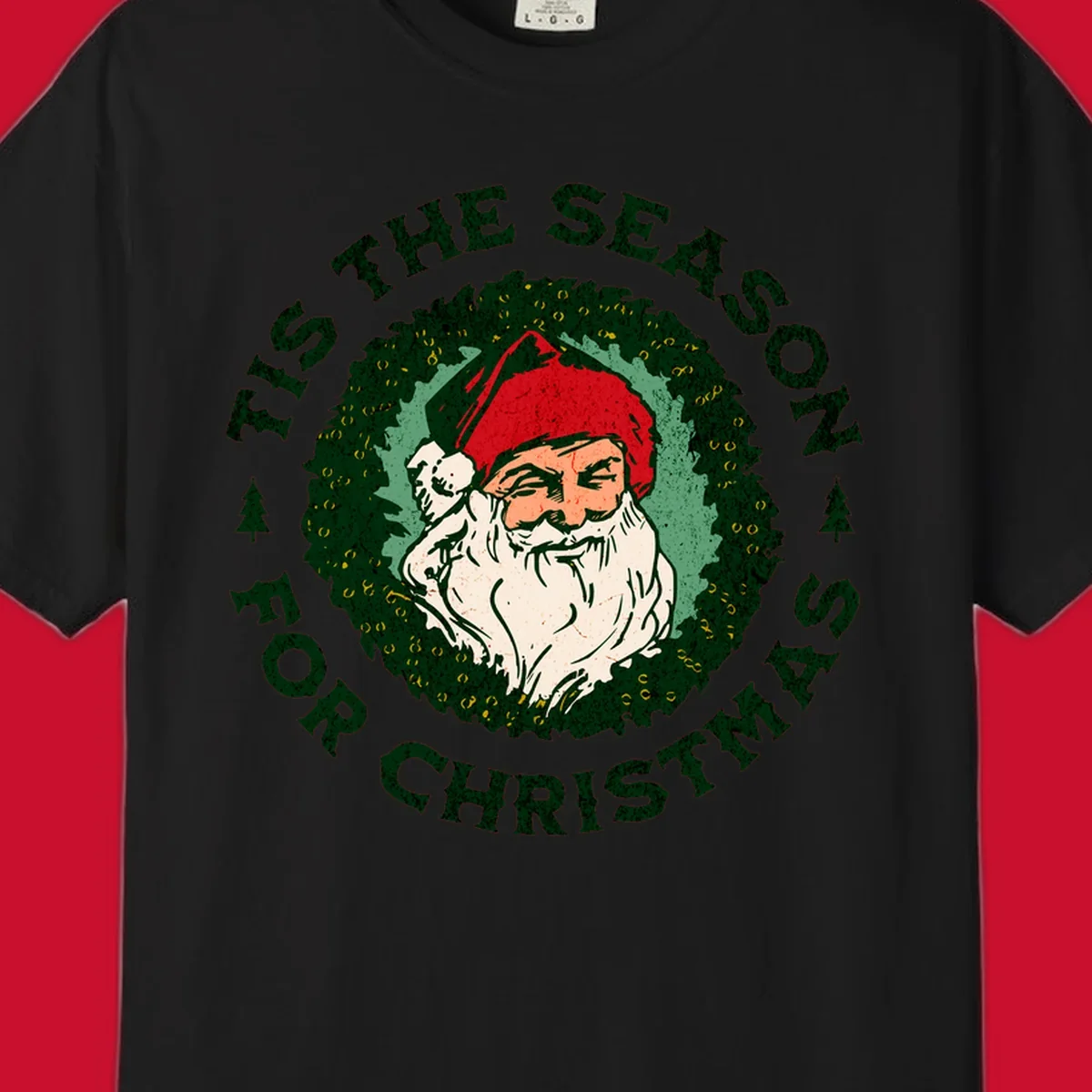 Santa Claus and 'Tis The Season For Christmas text with wreath graphic
