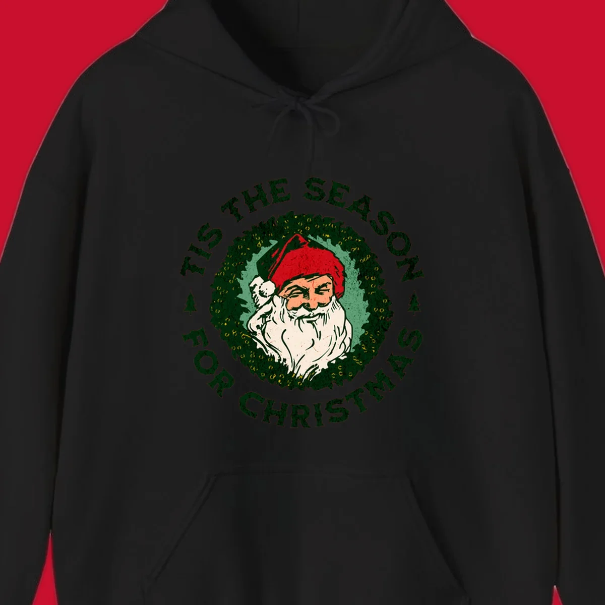 Santa Claus and 'Tis The Season For Christmas text with wreath graphic