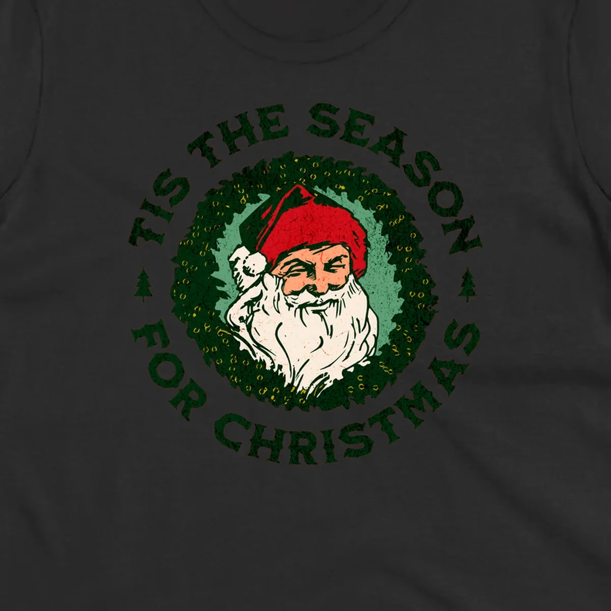 Santa Claus and 'Tis The Season For Christmas text with wreath graphic