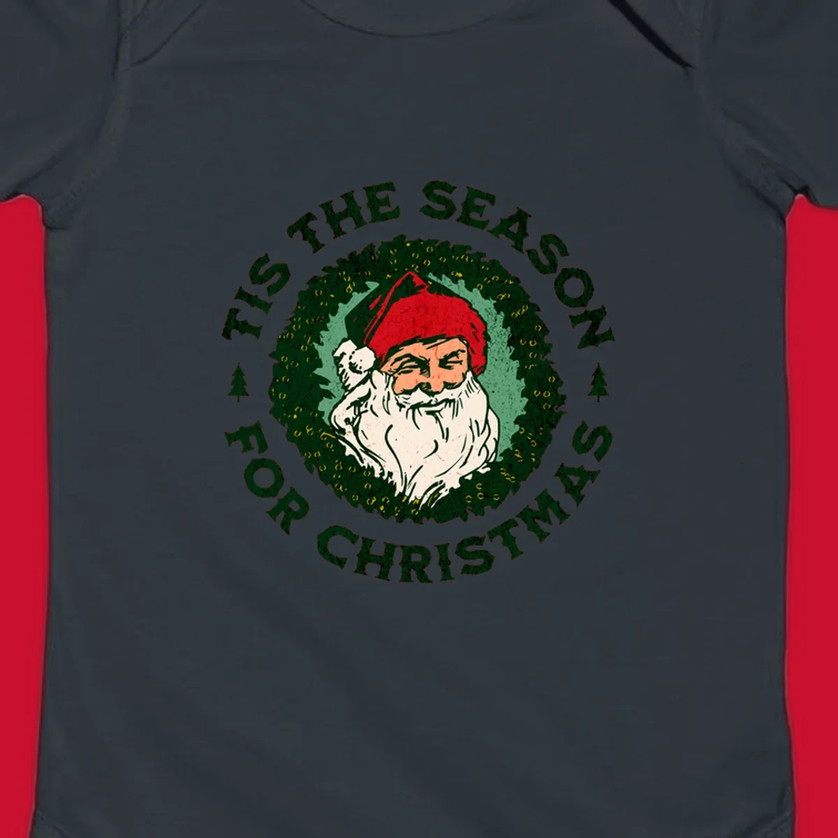 Santa Claus and 'Tis The Season For Christmas text with wreath graphic