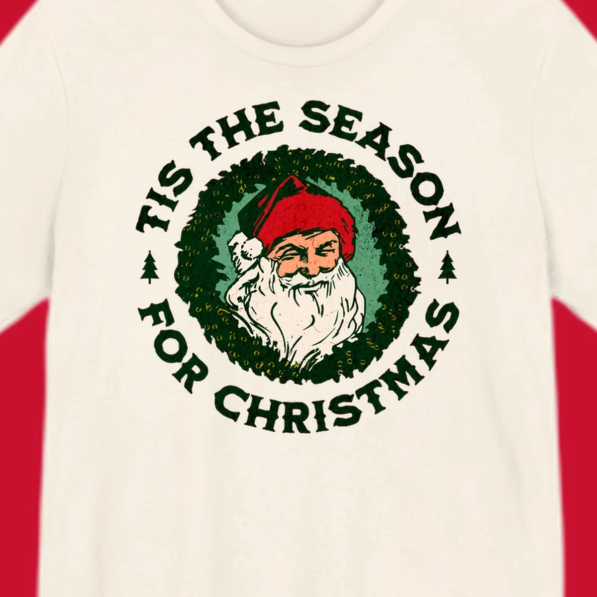 Santa Claus and 'Tis The Season For Christmas text with wreath graphic