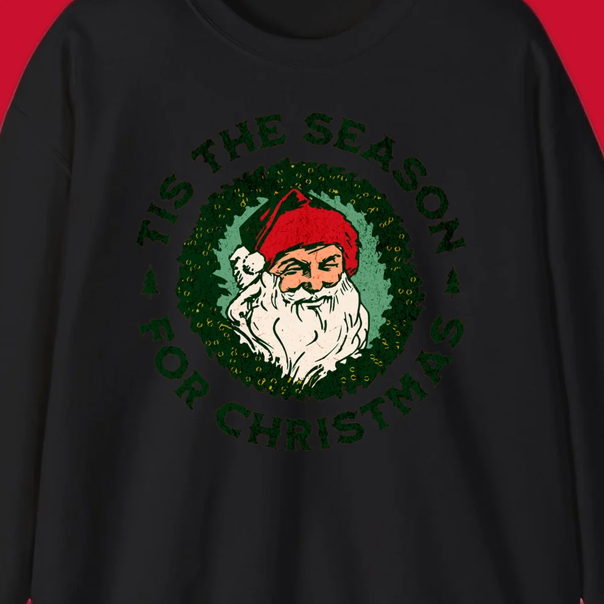 Santa Claus and 'Tis The Season For Christmas text with wreath graphic