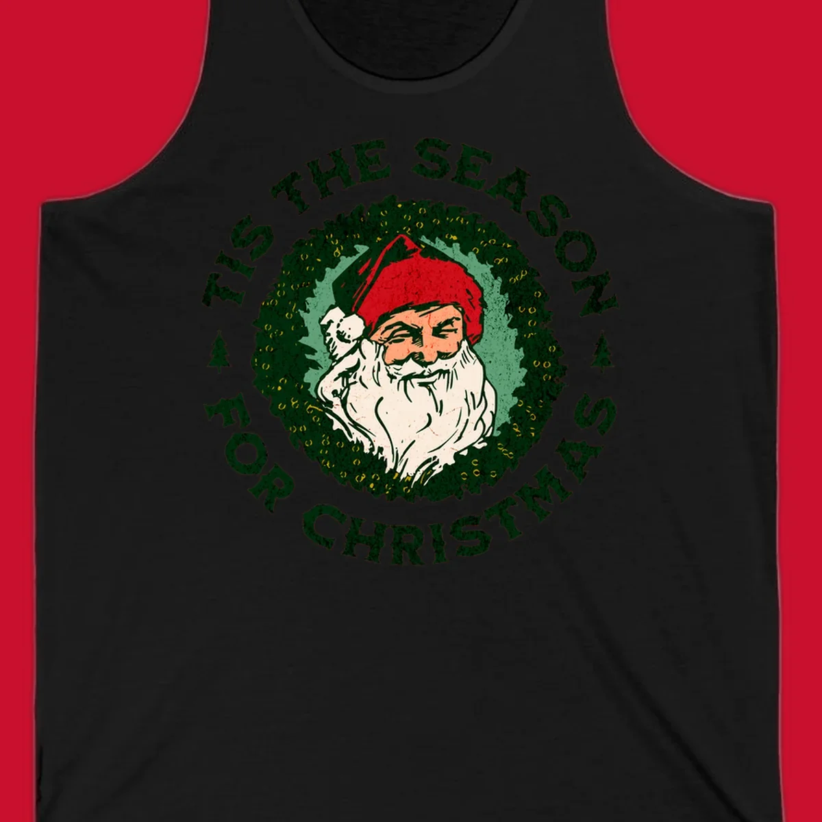 Santa Claus and 'Tis The Season For Christmas text with wreath graphic