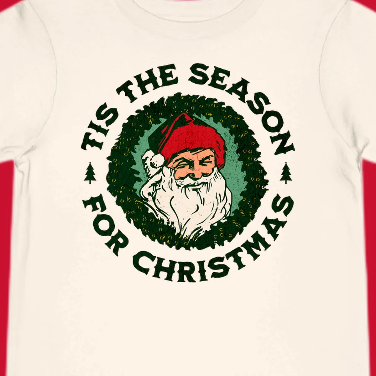 Santa Claus and 'Tis The Season For Christmas text with wreath graphic