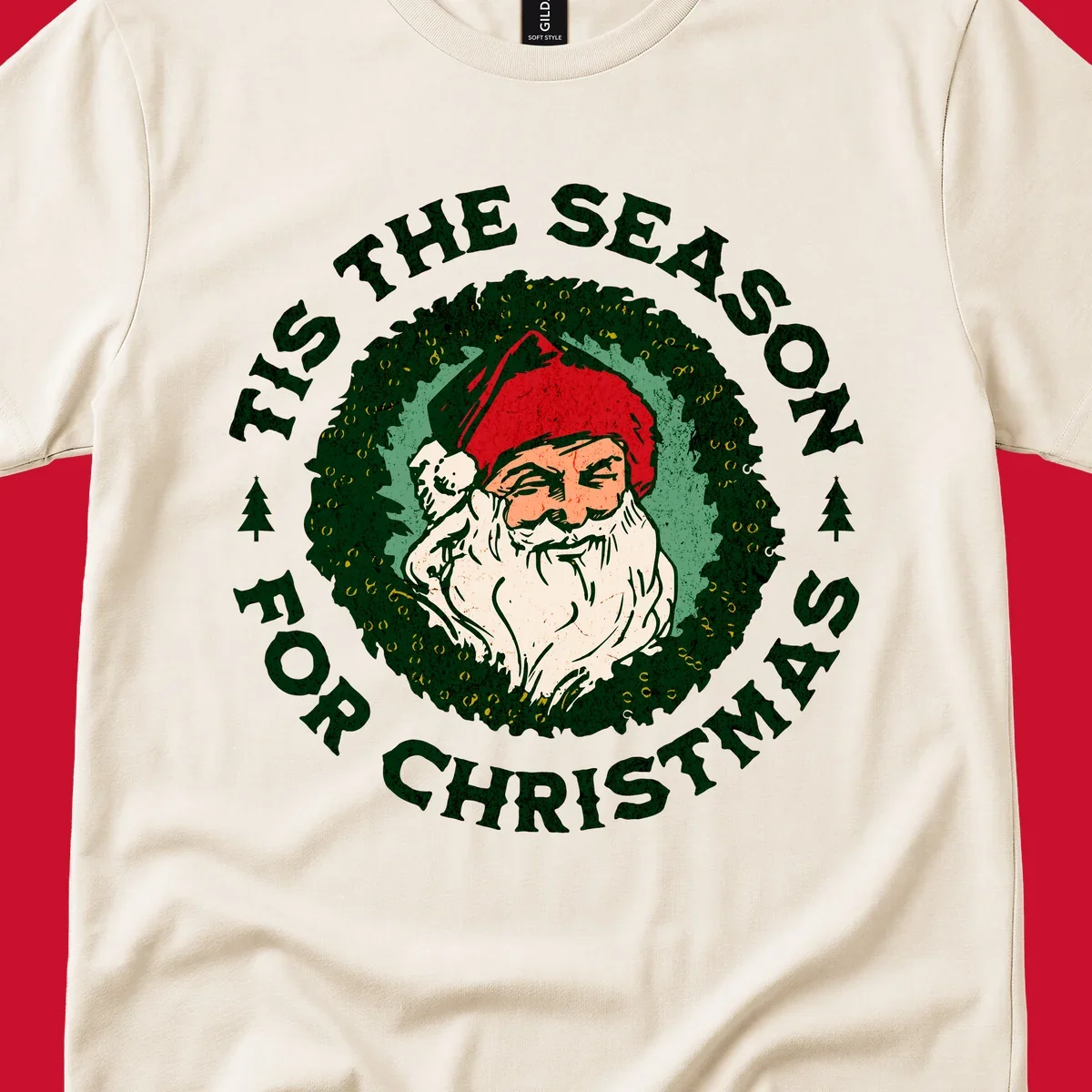 Santa Claus and 'Tis The Season For Christmas text with wreath graphic