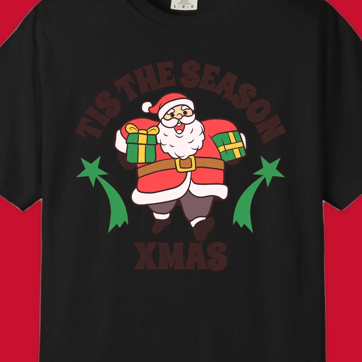 Santa Claus holding presents with 'Tis The Season Xmas text - santa christmas gifts