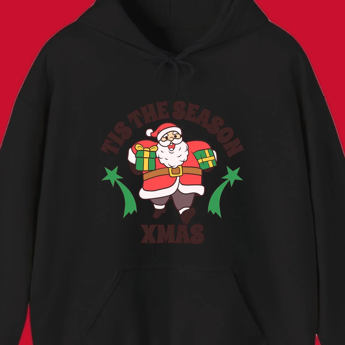 Santa Claus holding presents with 'Tis The Season Xmas text - santa christmas gifts