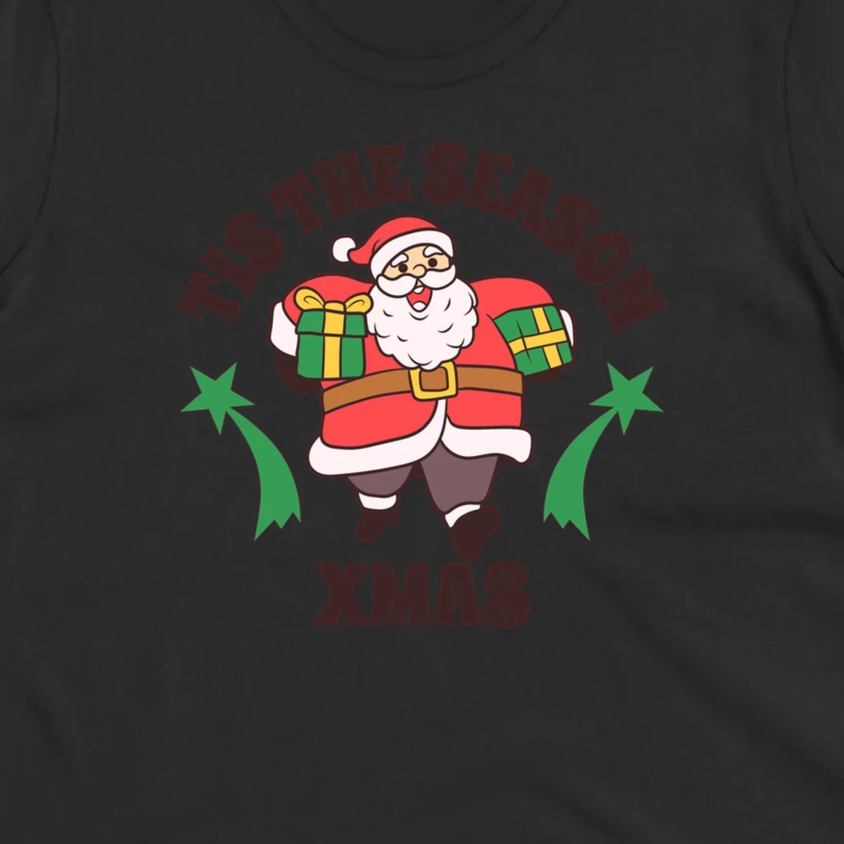 Santa Claus holding presents with 'Tis The Season Xmas text - santa christmas gifts