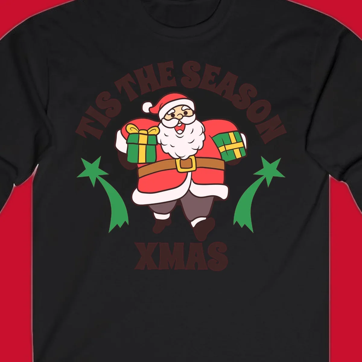 Santa Claus holding presents with 'Tis The Season Xmas text - santa christmas gifts