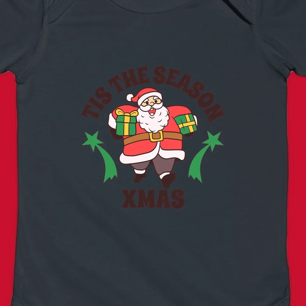 Santa Claus holding presents with 'Tis The Season Xmas text - santa christmas gifts