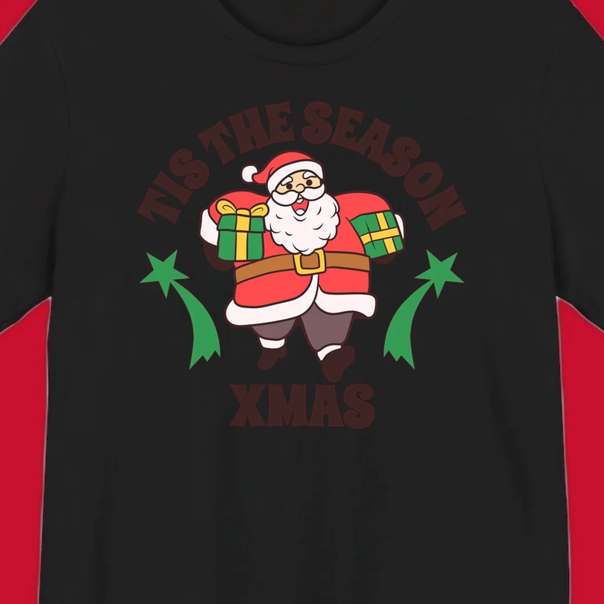 Santa Claus holding presents with 'Tis The Season Xmas text - santa christmas gifts