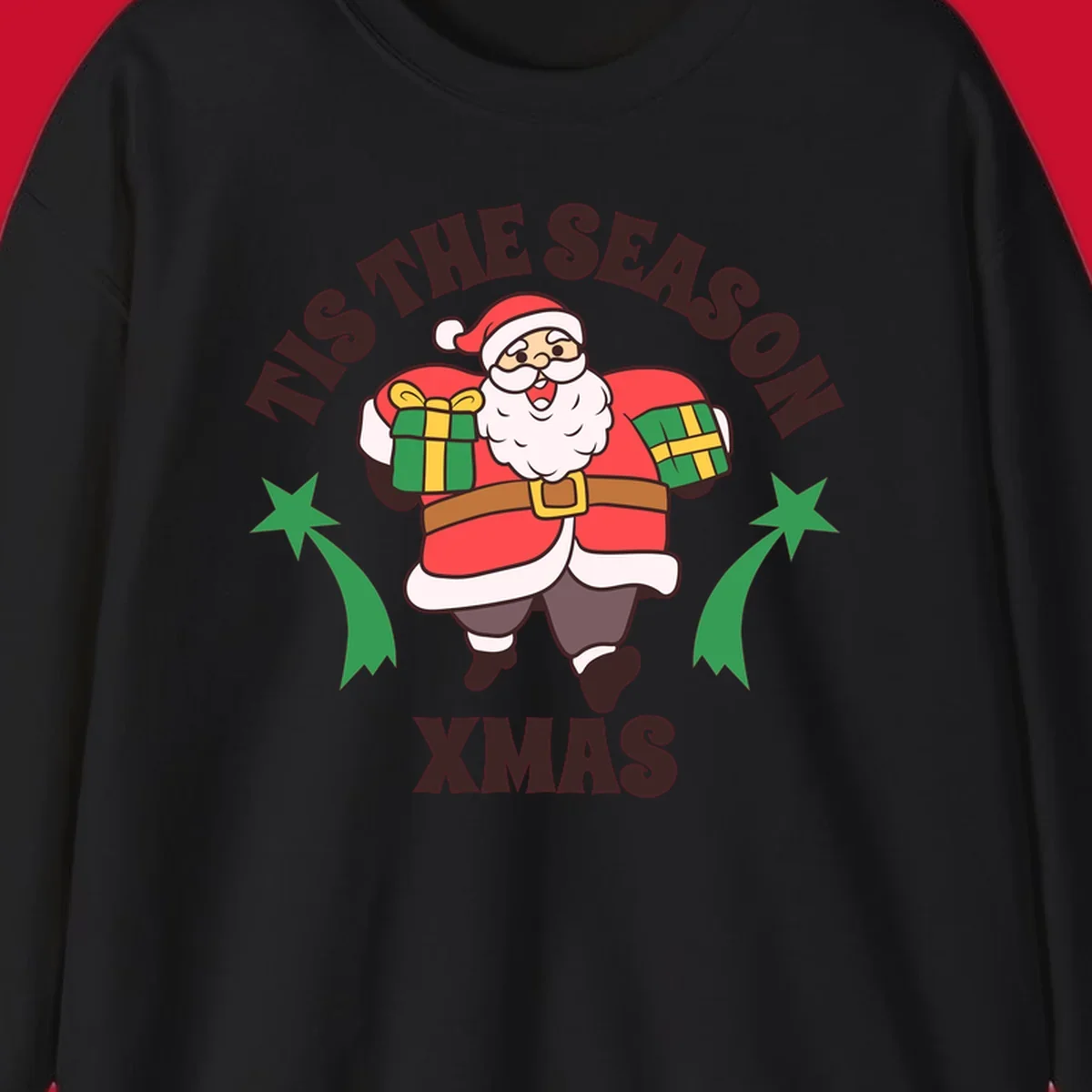 Santa Claus holding presents with 'Tis The Season Xmas text - santa christmas gifts