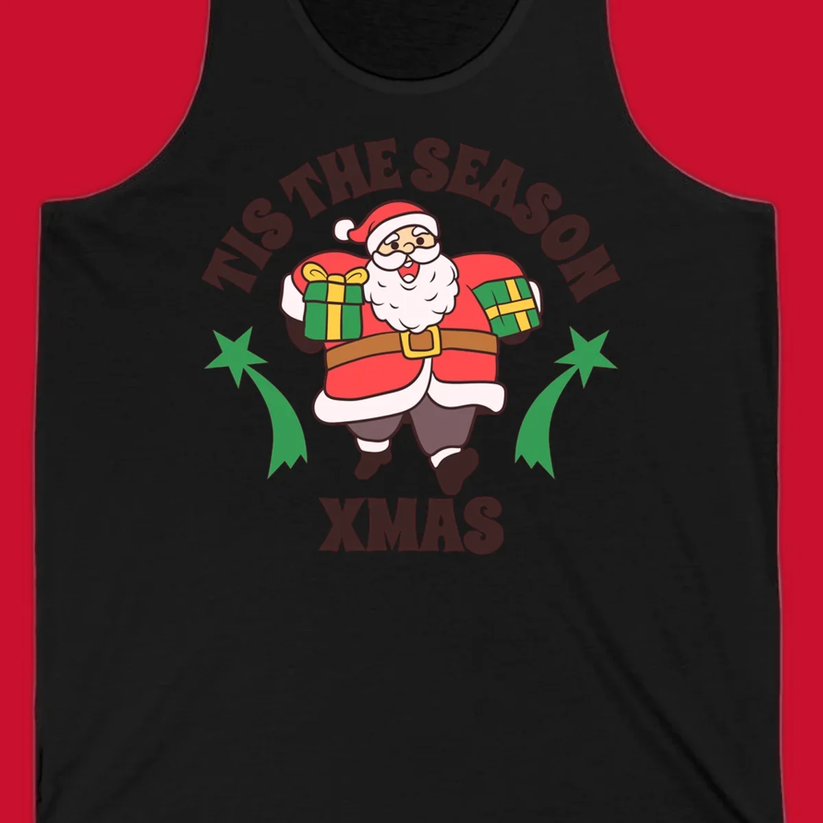 Santa Claus holding presents with 'Tis The Season Xmas text - santa christmas gifts