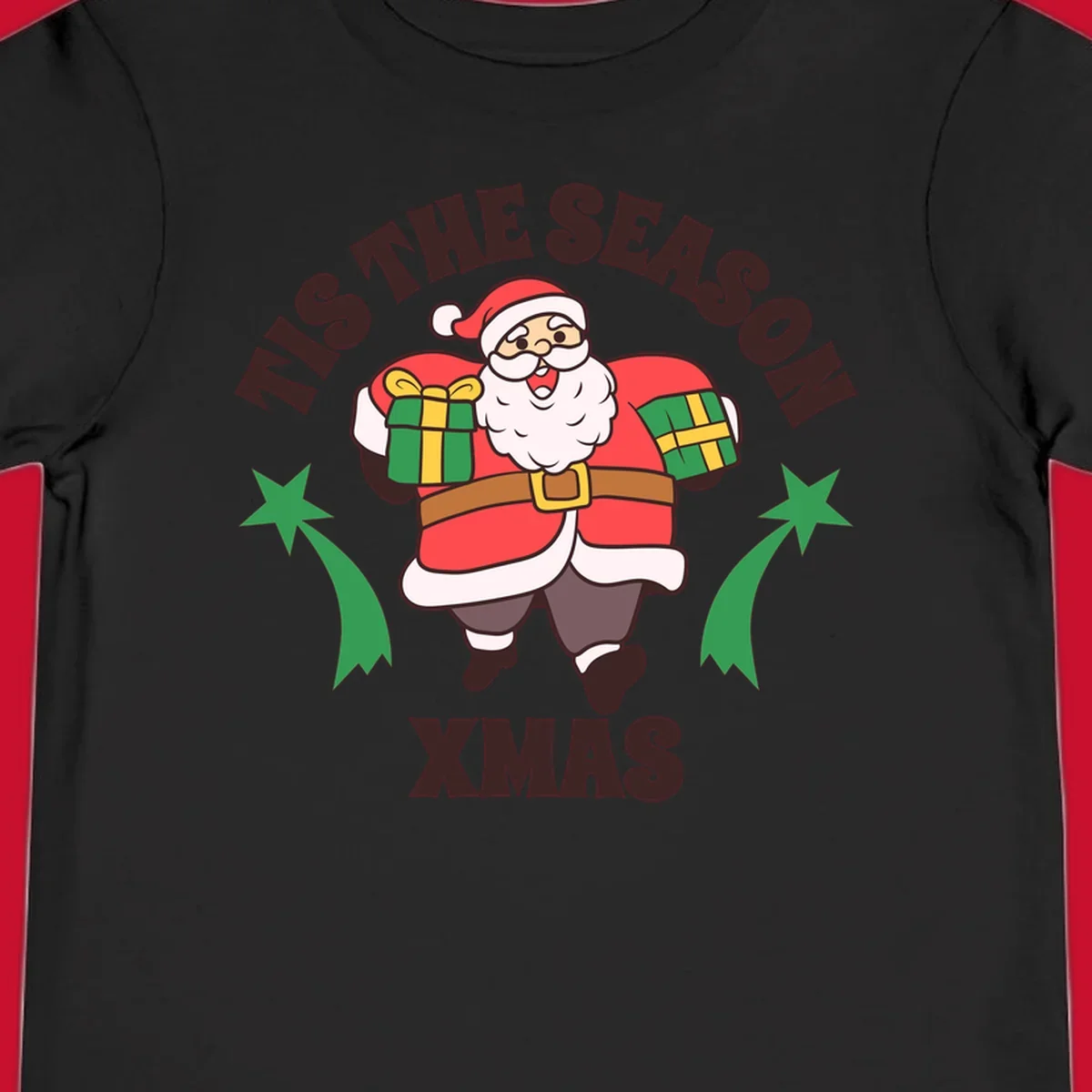 Santa Claus holding presents with 'Tis The Season Xmas text - santa christmas gifts