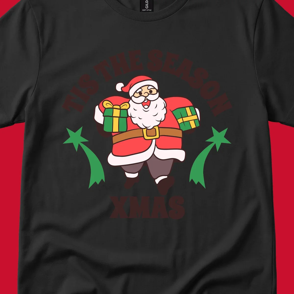 Santa Claus holding presents with 'Tis The Season Xmas text - santa christmas gifts