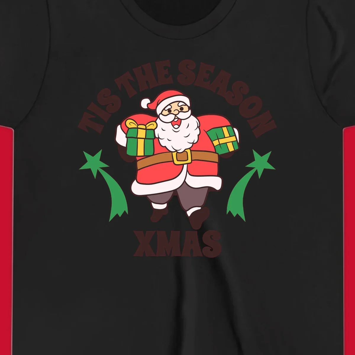 Santa Claus holding presents with 'Tis The Season Xmas text - santa christmas gifts