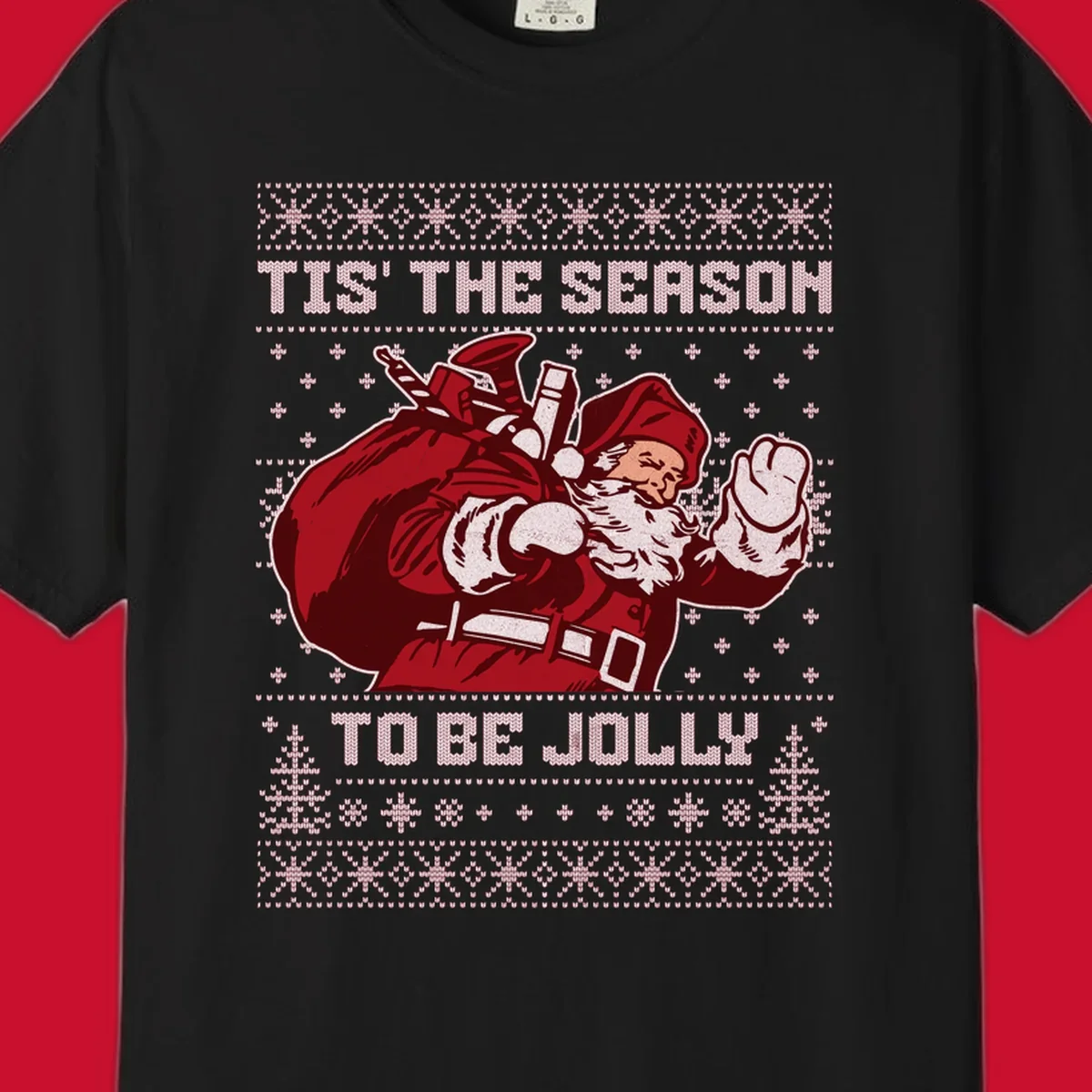Santa Claus with gift bag and 'Tis The Season To Be Jolly' text on an ugly sweater background.