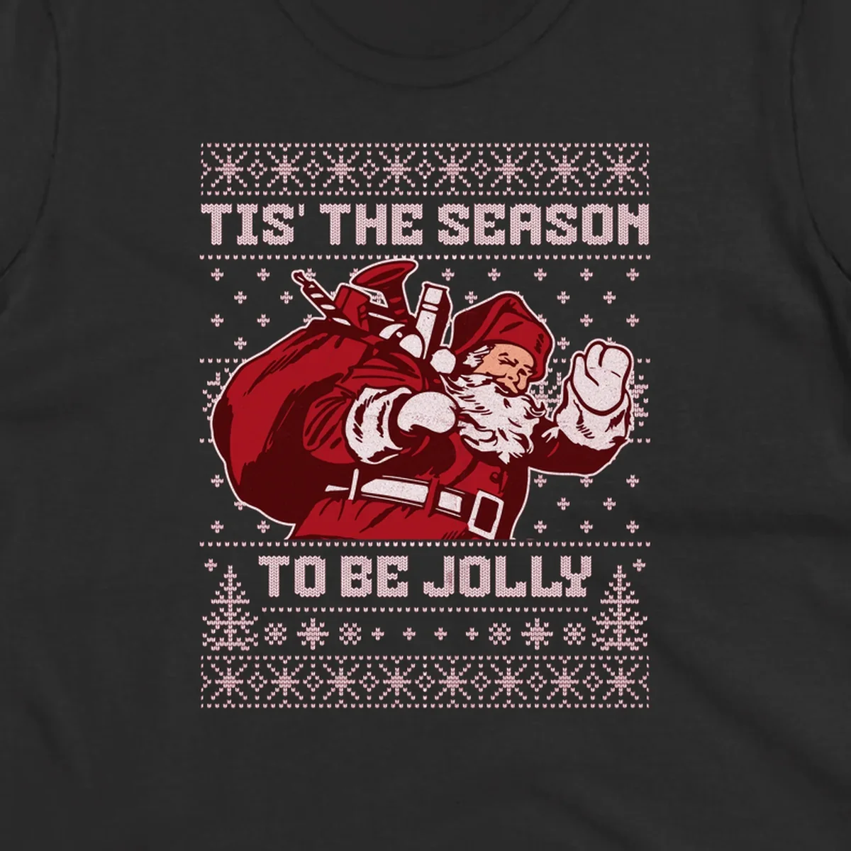 Santa Claus with gift bag and 'Tis The Season To Be Jolly' text on an ugly sweater background.