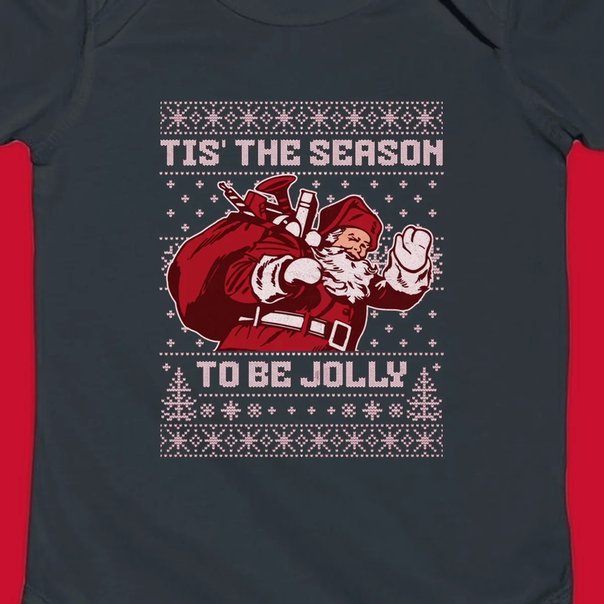 Santa Claus with gift bag and 'Tis The Season To Be Jolly' text on an ugly sweater background.