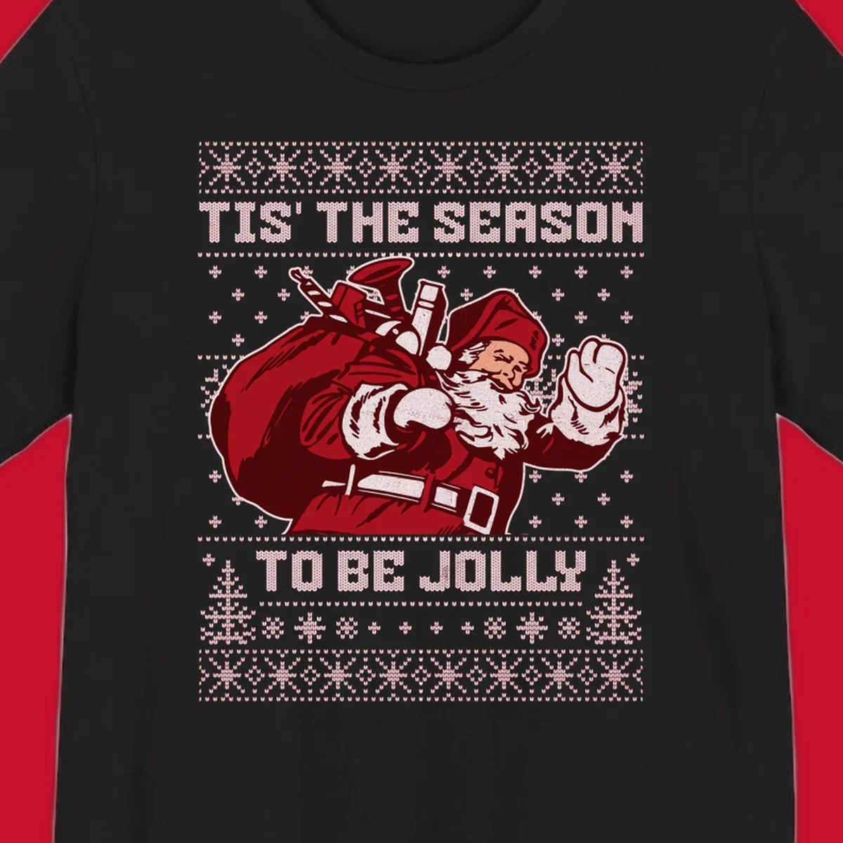 Santa Claus with gift bag and 'Tis The Season To Be Jolly' text on an ugly sweater background.