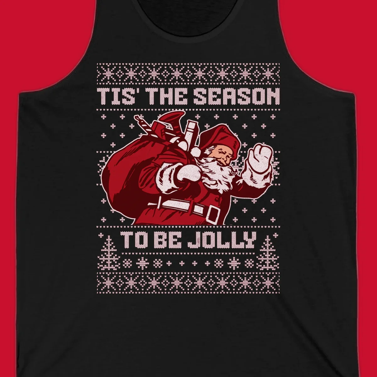 Santa Claus with gift bag and 'Tis The Season To Be Jolly' text on an ugly sweater background.